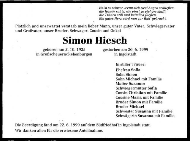 Hiesch Simon 1935-1999 Todesanzeige